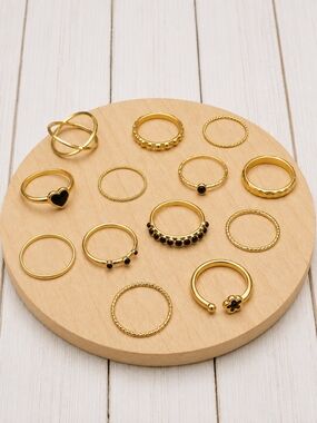 Gold Tone Black Accent Stackable Ring Set - Women Jewelry